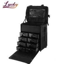 Rolling Makeup Bag Trolley 2 in 1 Travel Cosmetic Train Cases on Wheels Nylon Black Bags for Professional Make Up Artist Storage